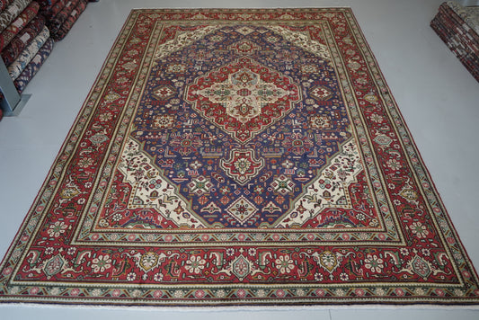 Vintage Persian Tabriz Navy Wool Floral Medallion Rug | Handmade | 296 x 209 cm