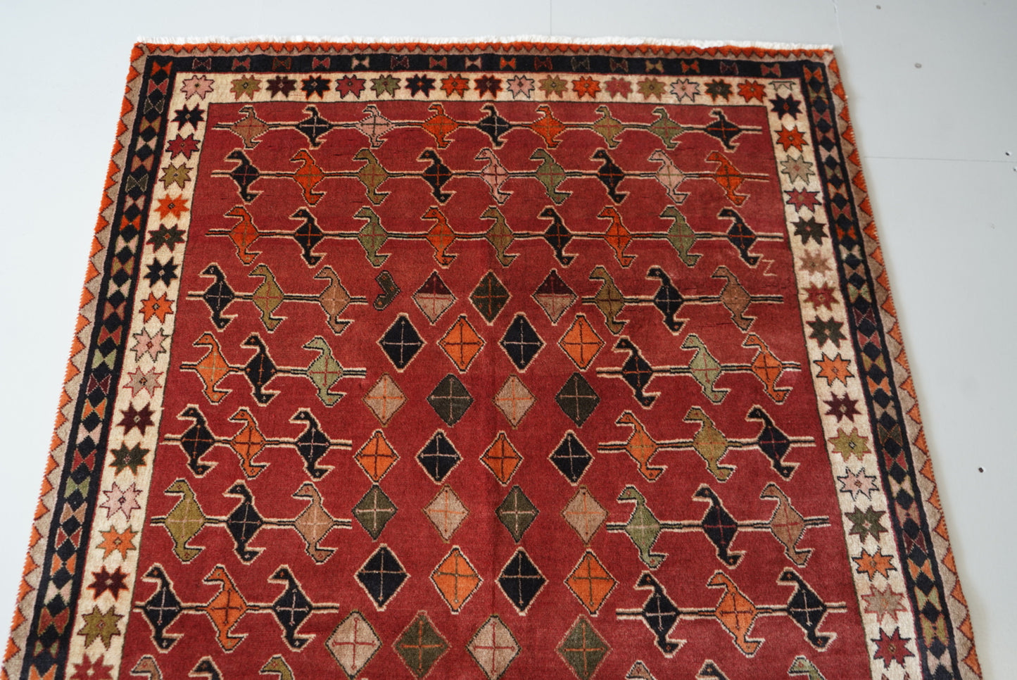 Vintage Persian Sirjan Red Wool Geometric Rug | Handmade | 222 x 140 cm