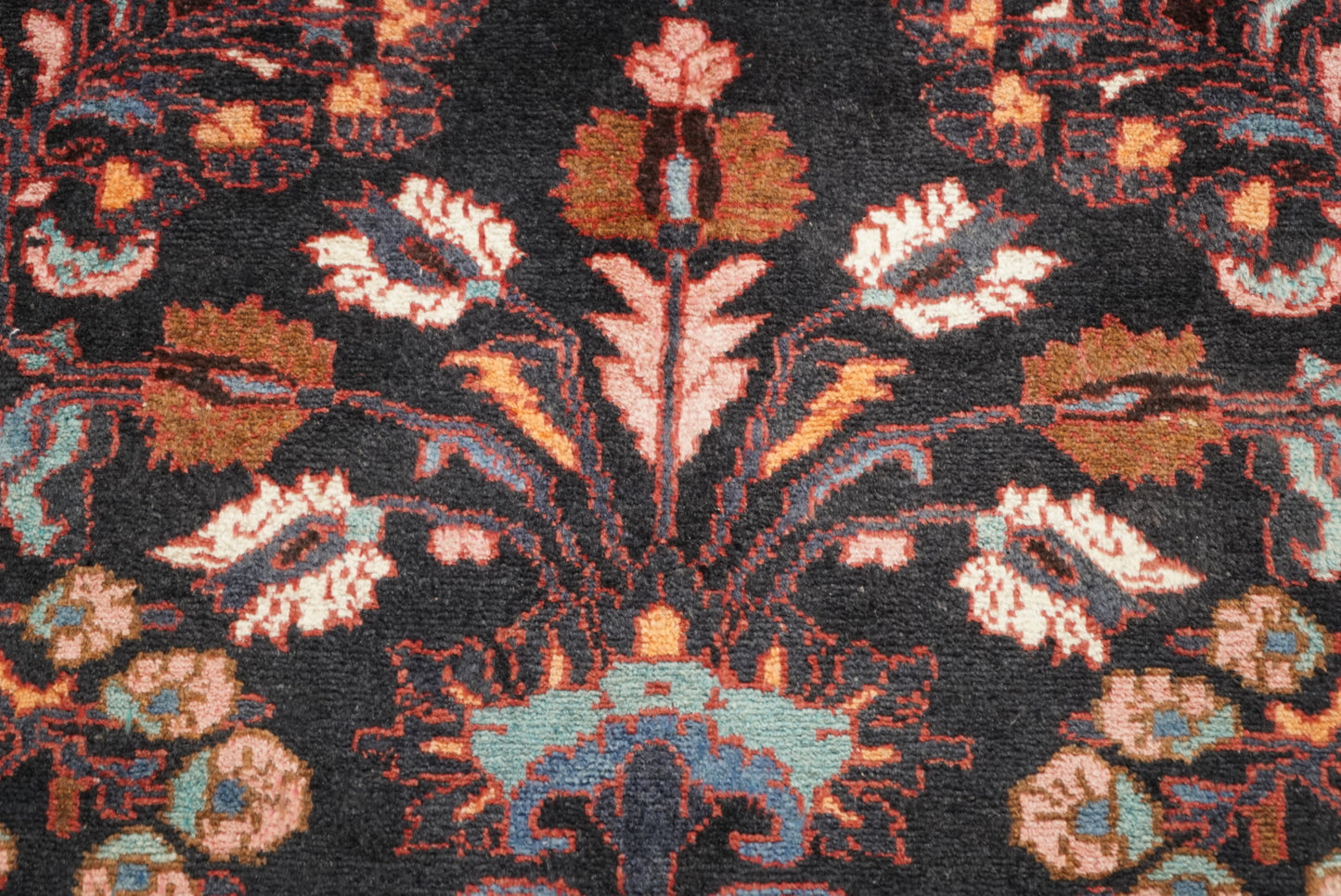 Handmade Persian Hamadan Floral Wool Runner | 304 x 116 cm | Dark Navy & Rust | Vintage