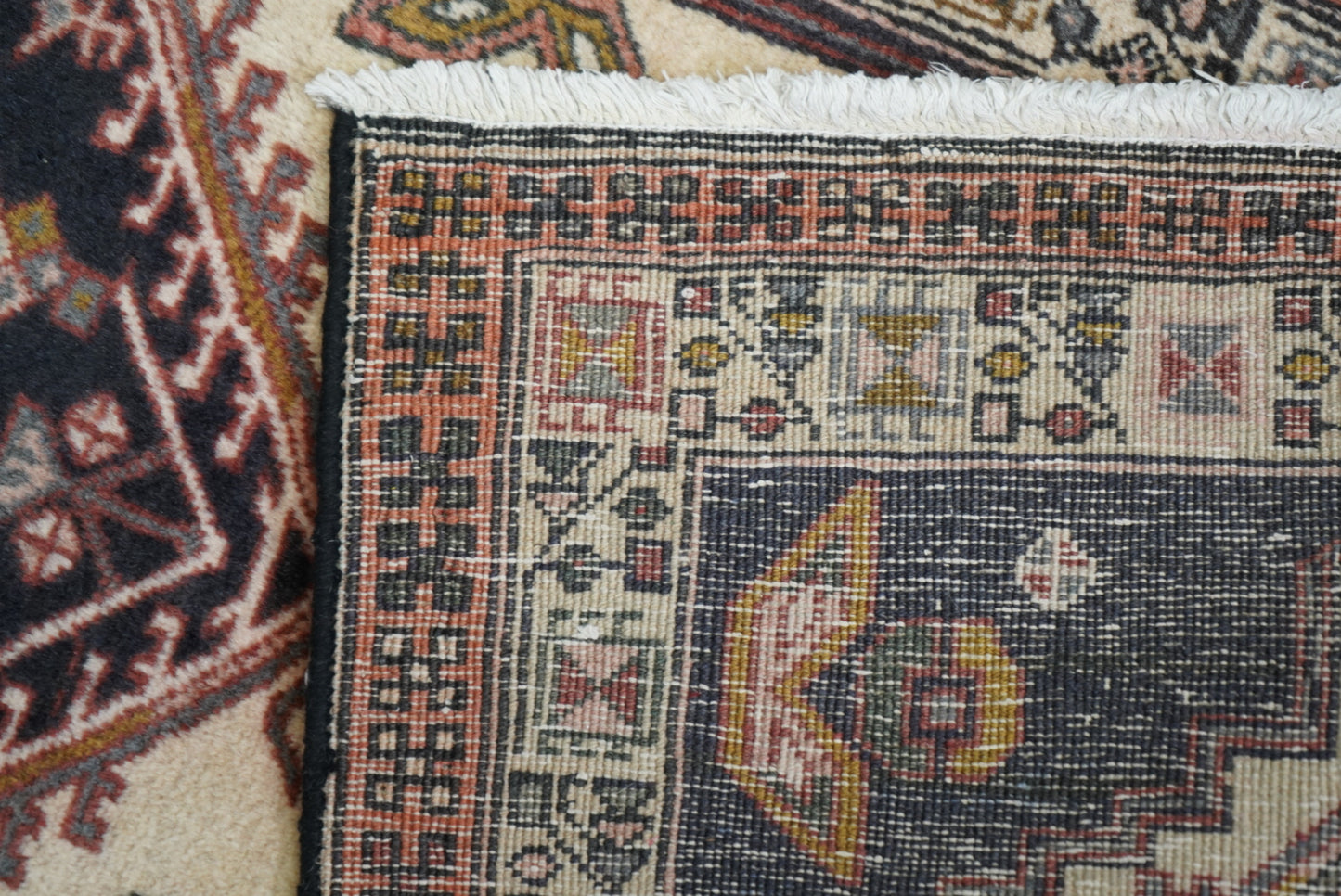 Vintage Persian Ardabil Cream & Multi Wool Geometric Runner Rug | Handmade | 296 x 71 cm