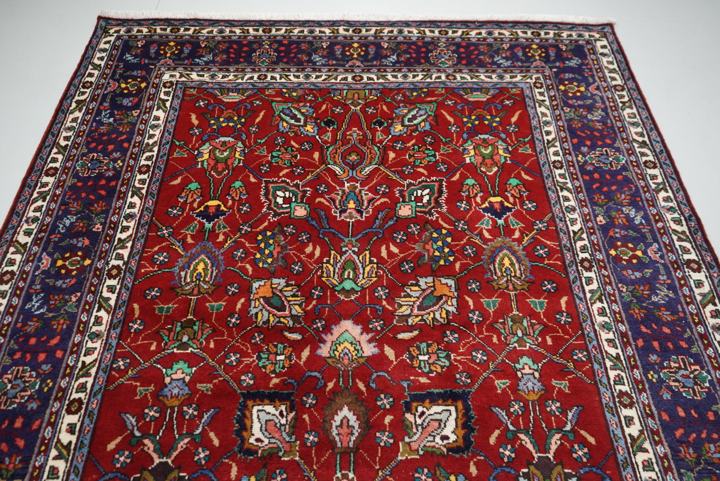 Handmade Persian Tabriz Floral Wool Rug | 297 x 209 cm | Red & Navy | Vintage