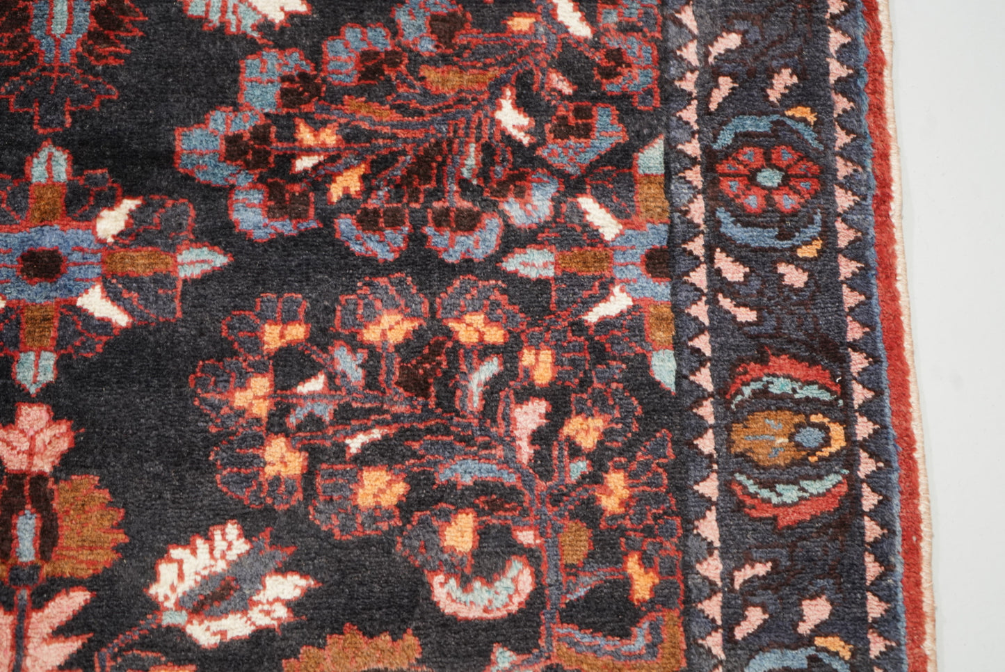 Handmade Persian Hamadan Floral Wool Runner | 304 x 116 cm | Dark Navy & Rust | Vintage