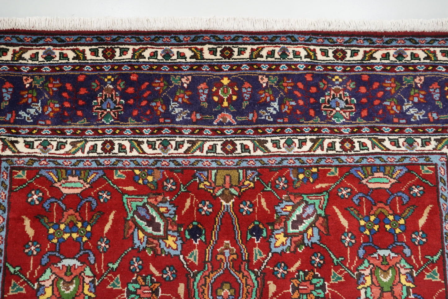 Handmade Persian Tabriz Floral Wool Rug | 297 x 209 cm | Red & Navy | Vintage