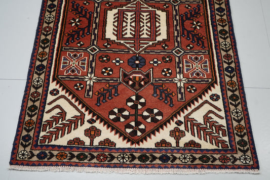 Persian Hamadan Red Wool Geometric Rug | Handmade | 147 x 106 cm