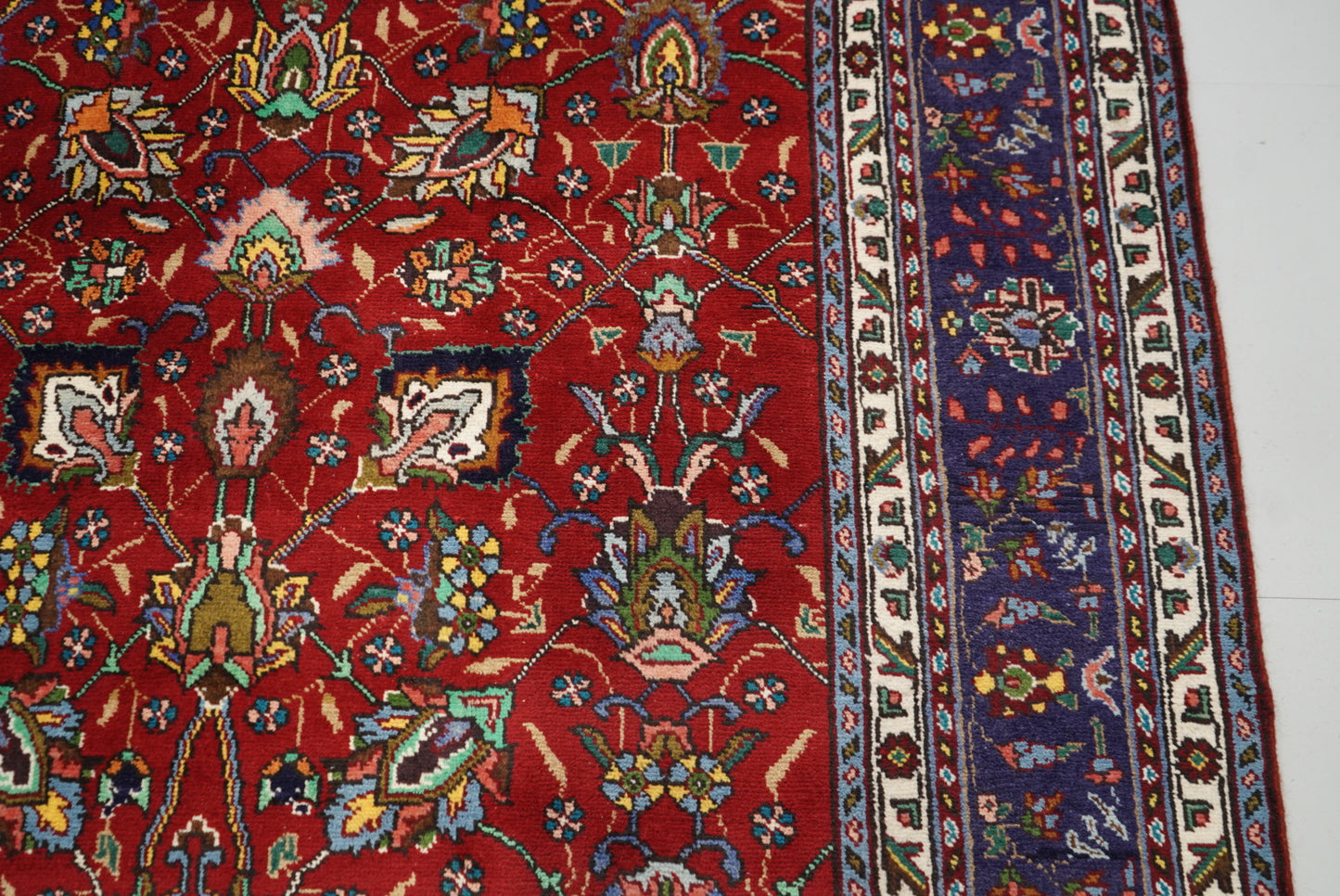 Handmade Persian Tabriz Floral Wool Rug | 297 x 209 cm | Red & Navy | Vintage