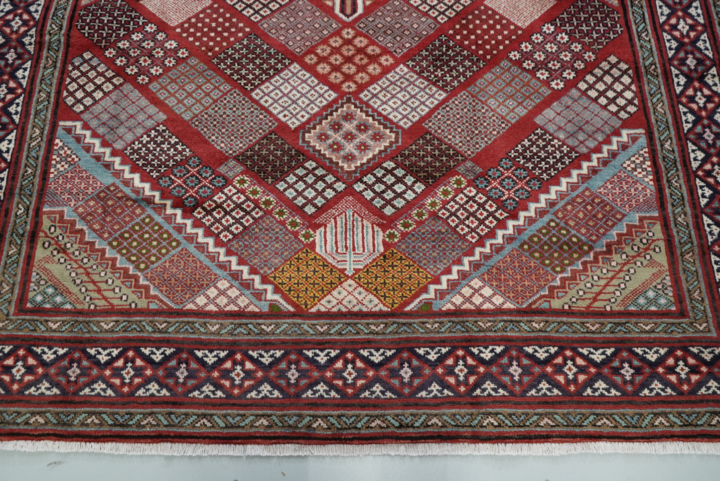 Handmade Persian Mahabad Geometric Wool Rug | 291 x 202 cm | Red & Multi | Vintage