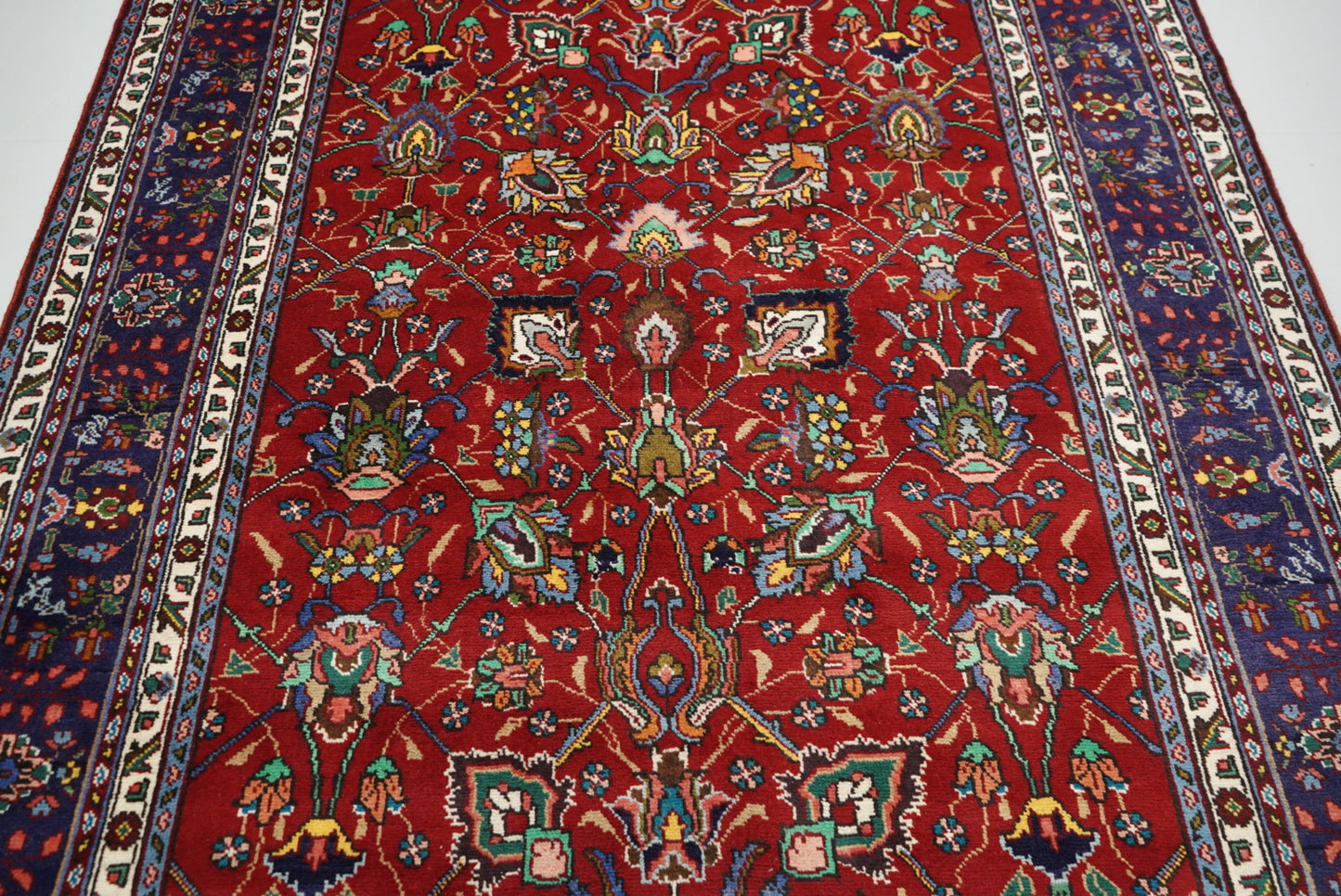 Handmade Persian Tabriz Floral Wool Rug | 297 x 209 cm | Red & Navy | Vintage