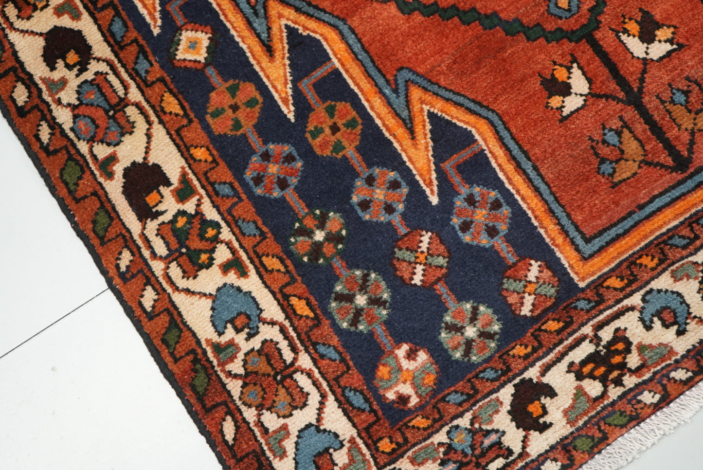 Vintage Persian Mazlagan Red & Navy Wool Geometric Rug | Handmade | 152 x 110 cm