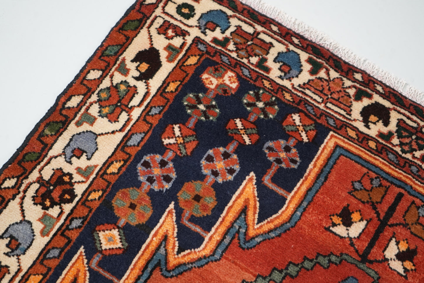 Vintage Persian Mazlagan Red & Navy Wool Geometric Rug | Handmade | 152 x 110 cm