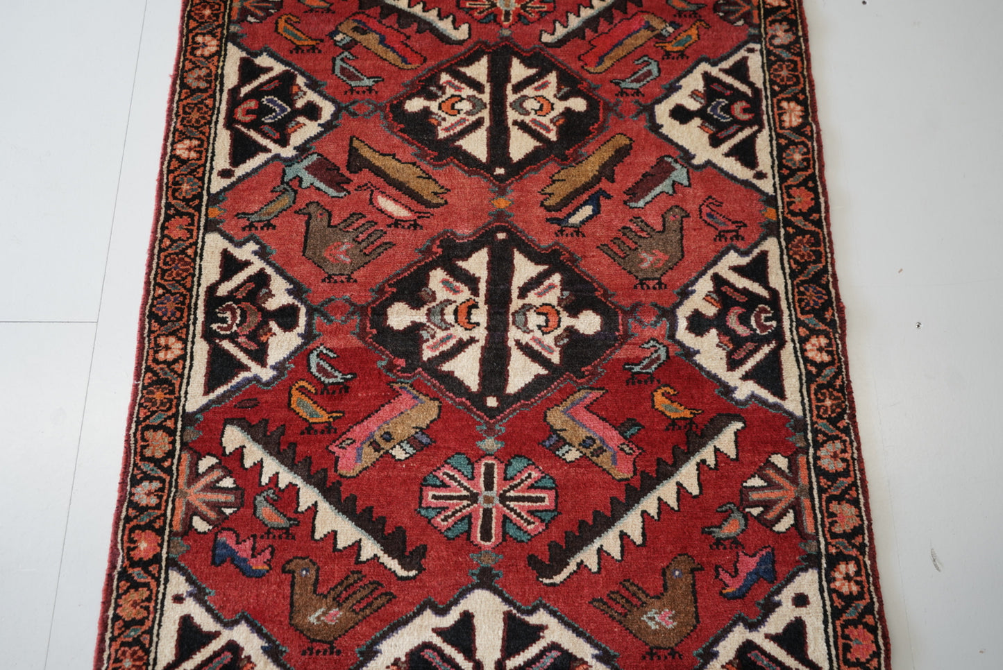 Vintage Persian Bakhtiari Red Wool Geometric Runner Rug | Handmade | 298 x 111 cm