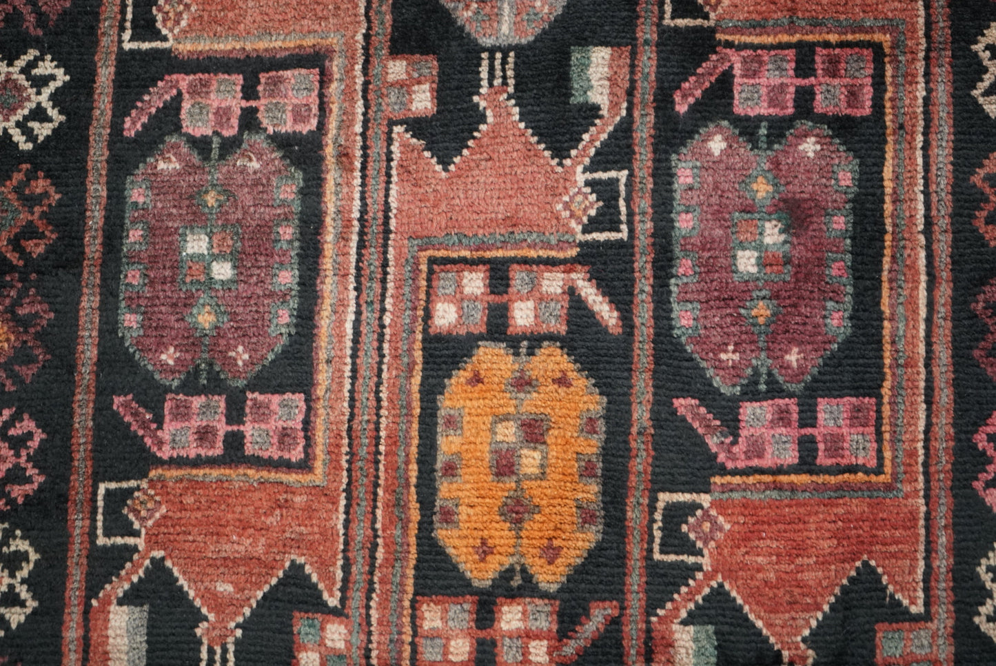 Handmade Persian Hamadan Geometric Wool Rug | 298 x 149 cm | Black & Red | Vintage