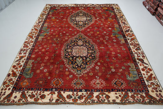 Vintage Persian Shiraz Red Wool Rug | Handmade | 302 x 211 cm