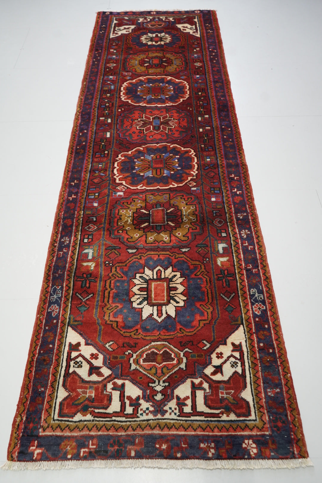 Vintage Persian Ahar Red Wool Geometric Runner Rug | Handmade | 324 x 100 cm