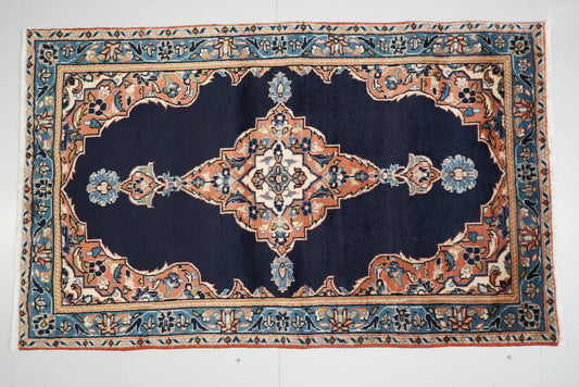 Vintage Persian Kashan Navy Wool Rug | Handmade | 123 x 74 cm