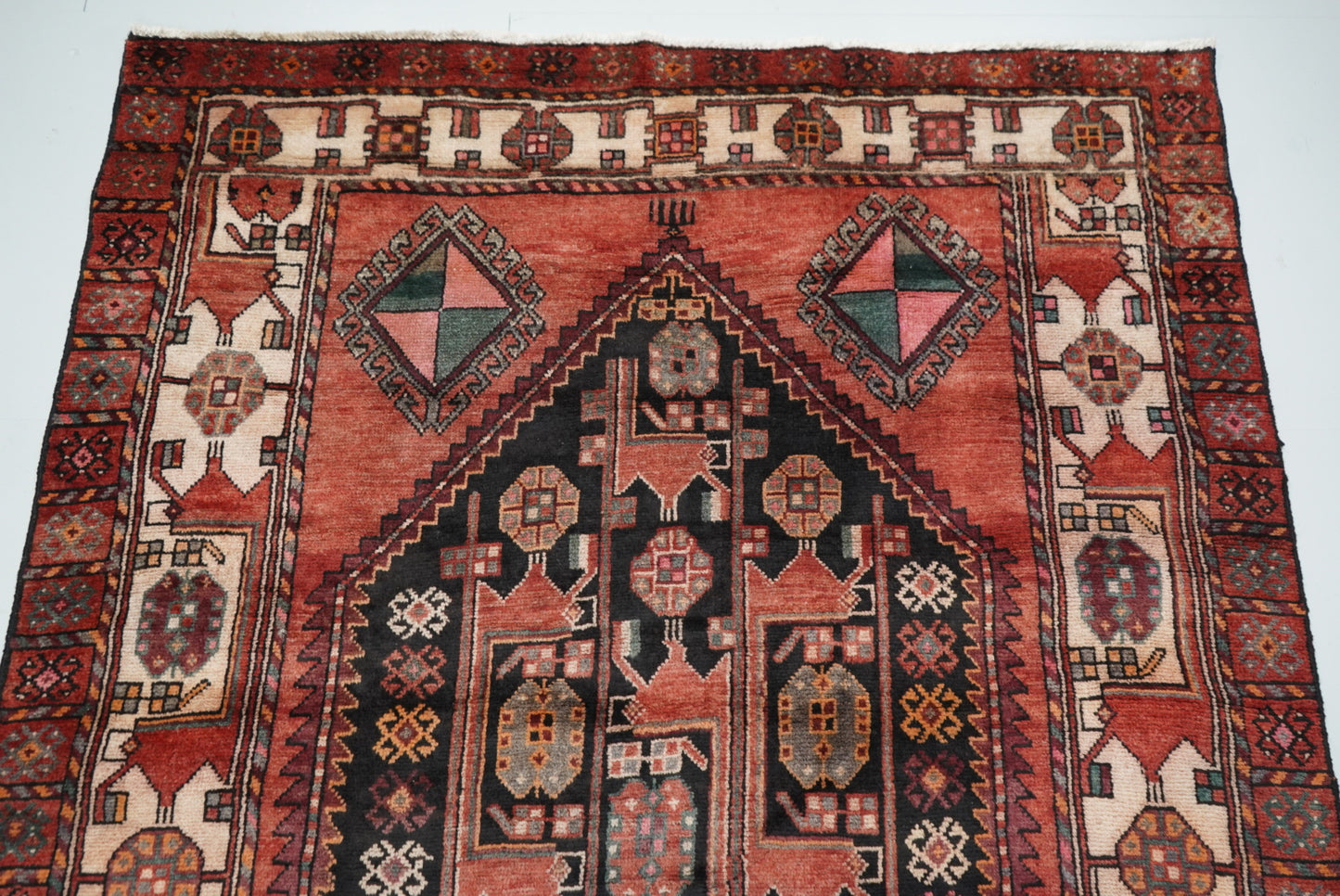 Handmade Persian Hamadan Geometric Wool Rug | 298 x 149 cm | Black & Red | Vintage