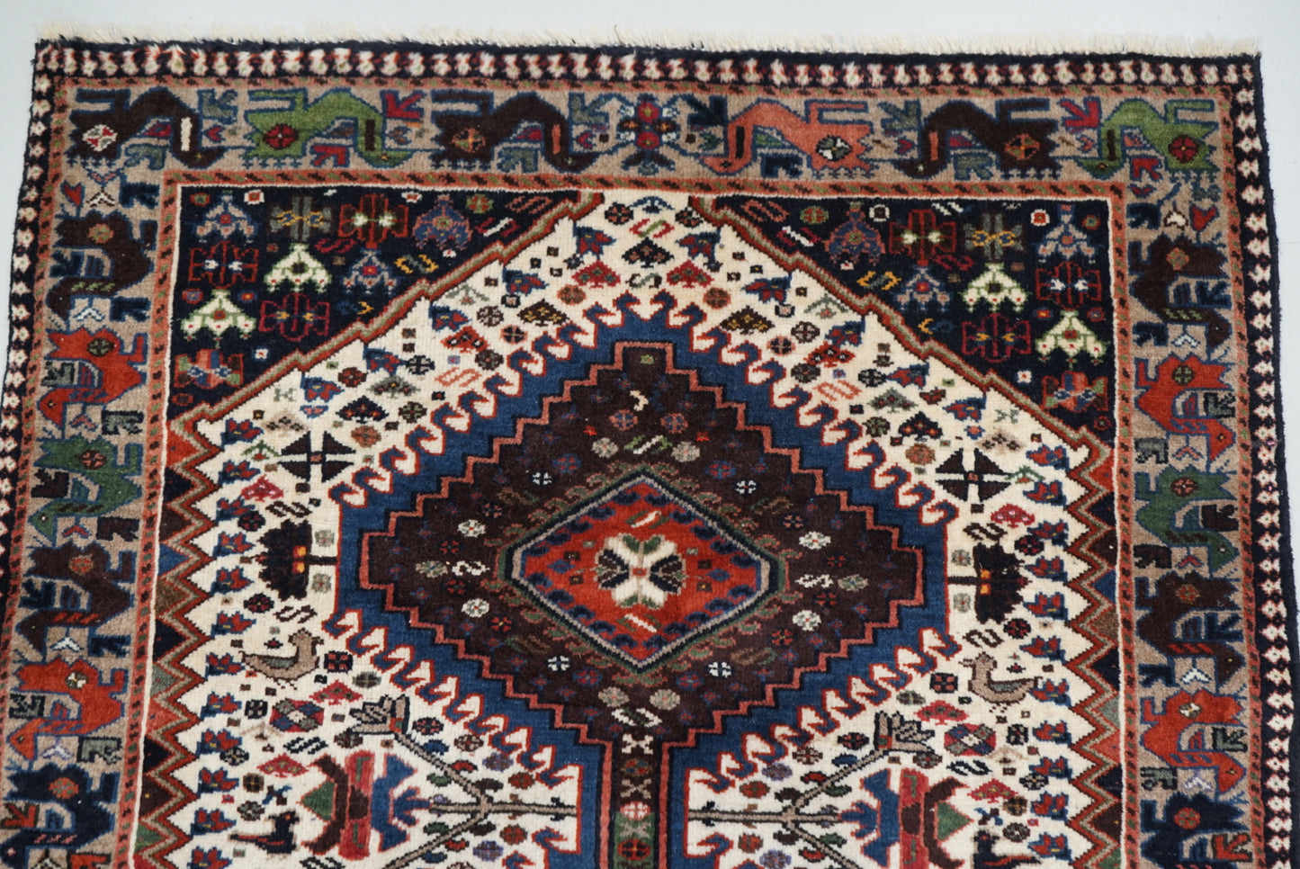Handmade Persian Yalameh Geometric Wool Runner | 380 x 110 cm | Cream, Navy & Red | Vintage