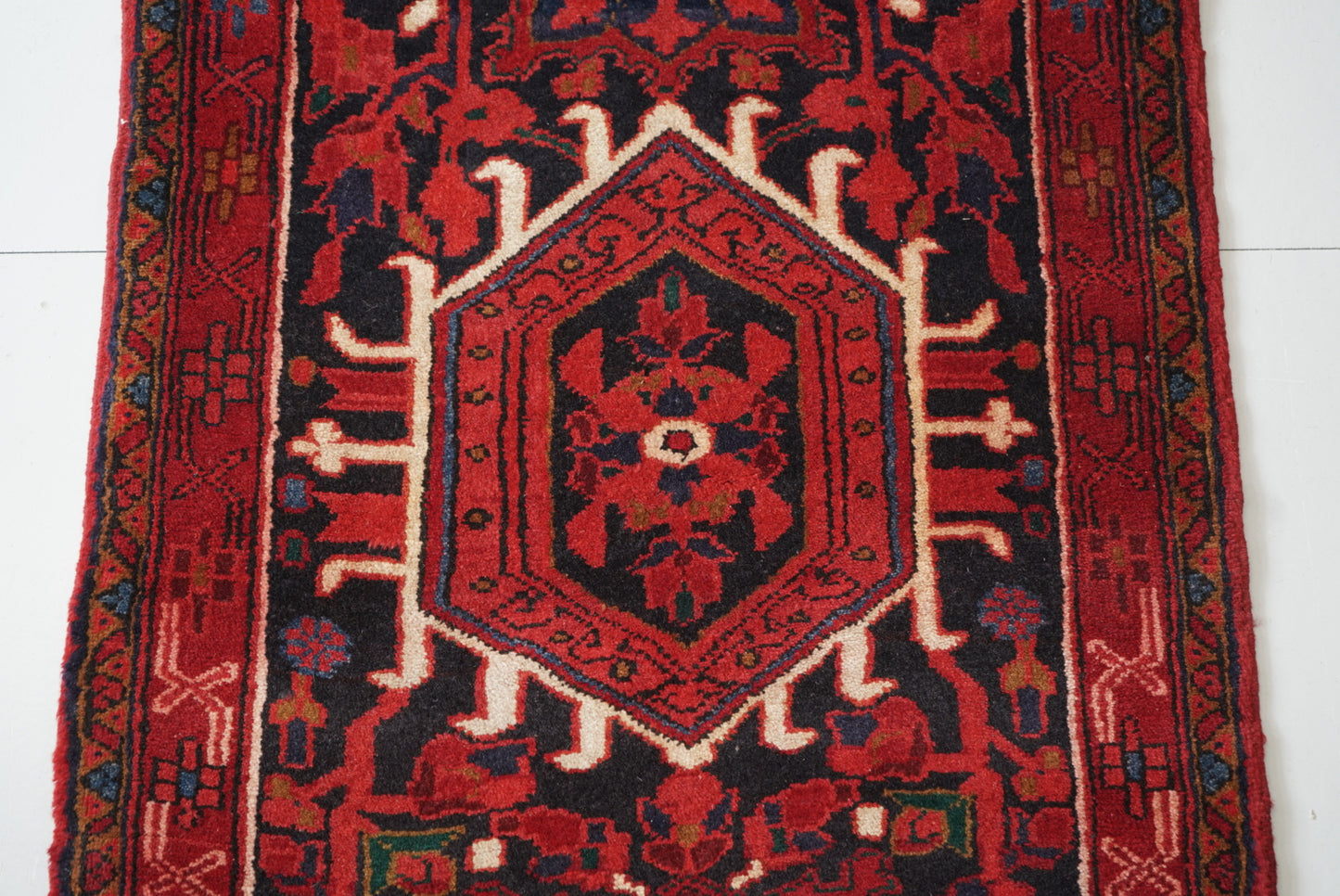Vintage Persian Karaja Navy & Red Wool Geometric Runner Rug | Handmade | 218 x 80 cm