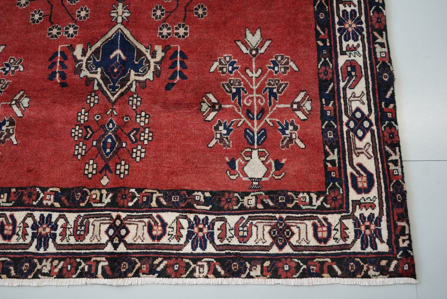 Vintage Persian Sirjan Red Wool Geometric Rug | Handmade | 222 x 162 cm