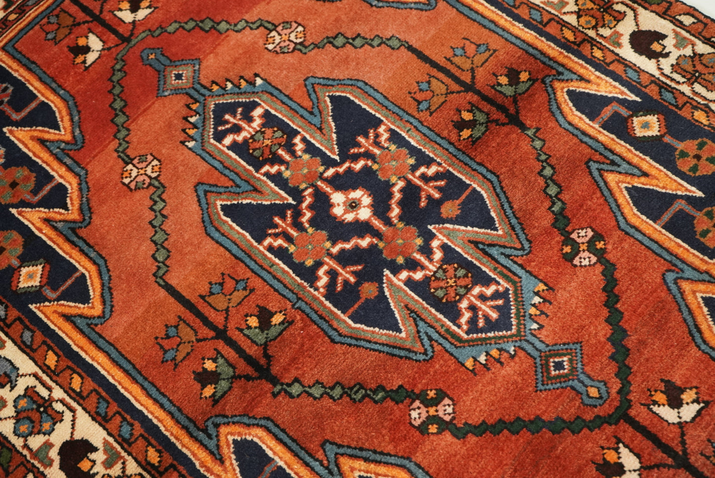 Vintage Persian Mazlagan Red & Navy Wool Geometric Rug | Handmade | 152 x 110 cm
