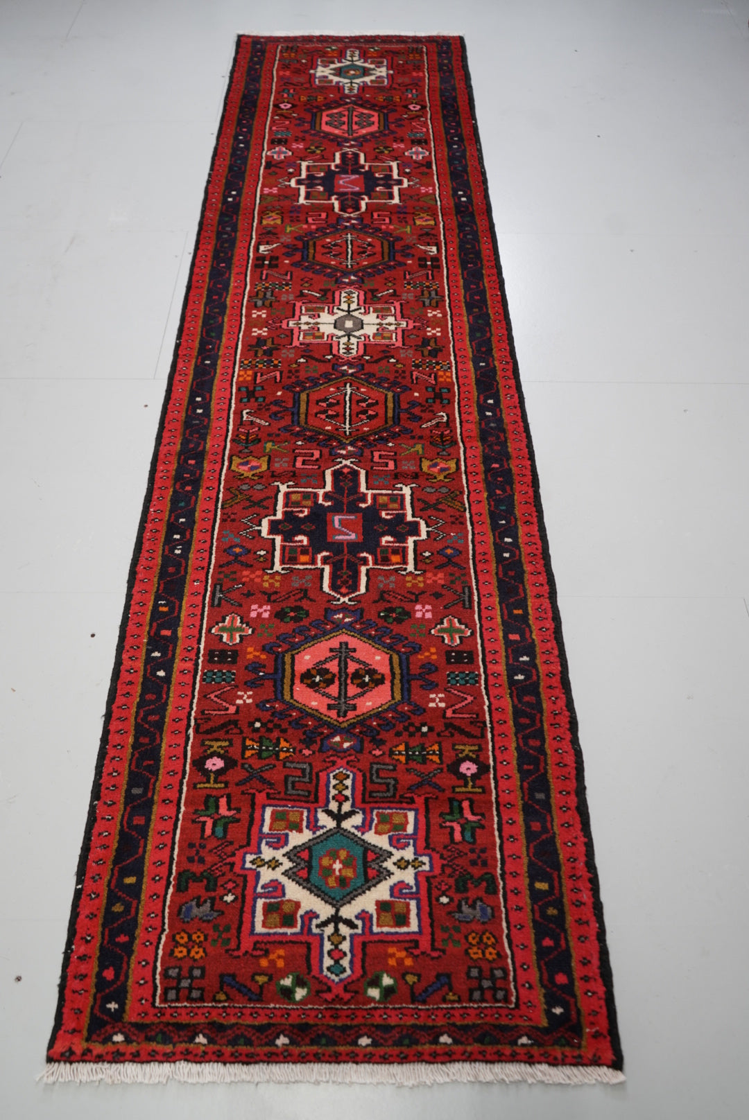 Vintage Persian Karaja Red Wool Runner Rug | Handmade | 320 x 80 cm