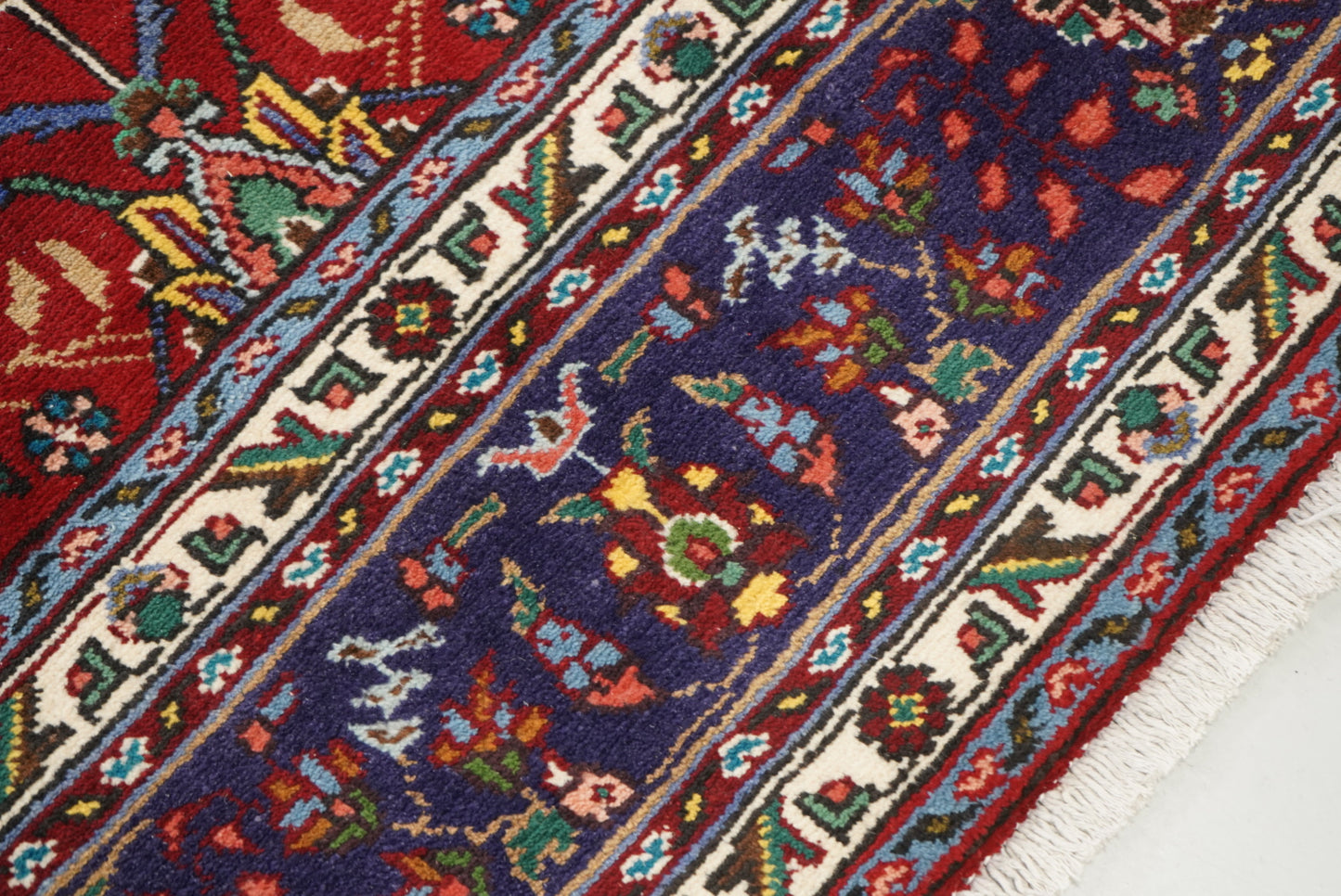 Handmade Persian Tabriz Floral Wool Rug | 297 x 209 cm | Red & Navy | Vintage