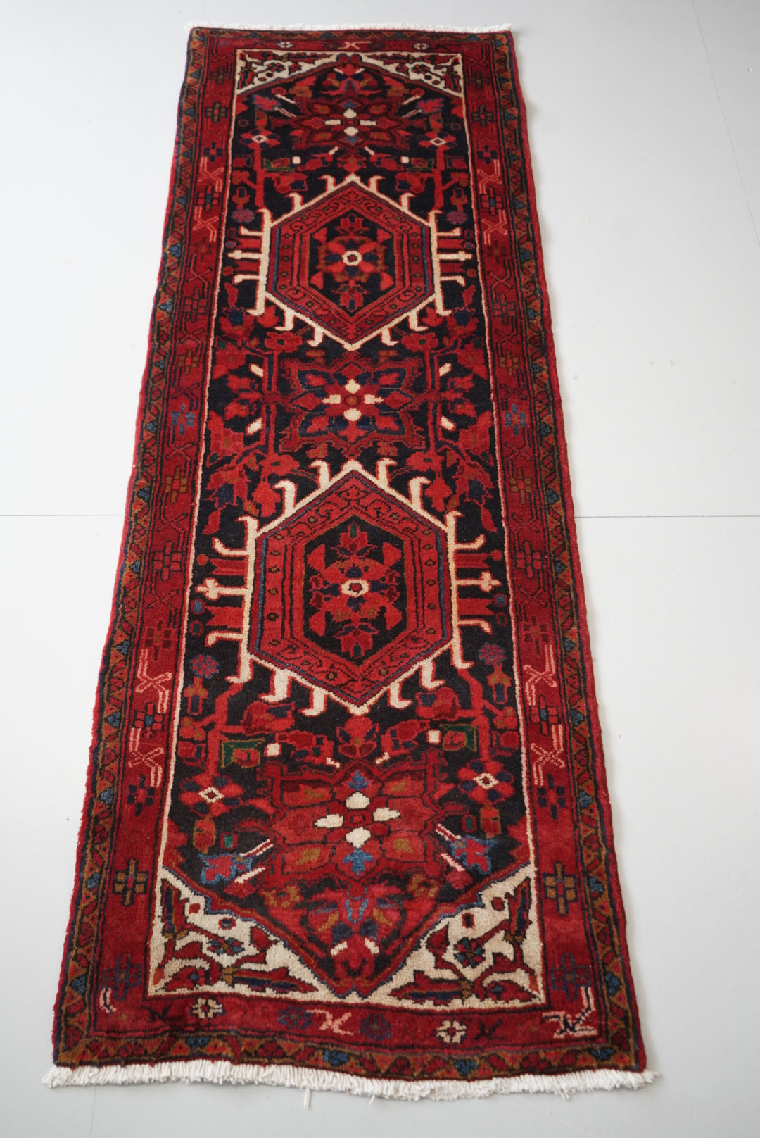 Vintage Persian Karaja Navy & Red Wool Geometric Runner Rug | Handmade | 218 x 80 cm