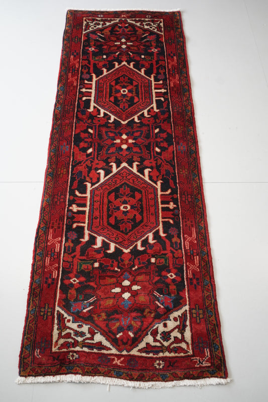 Vintage Persian Karaja Navy & Red Wool Geometric Runner Rug | Handmade | 218 x 80 cm