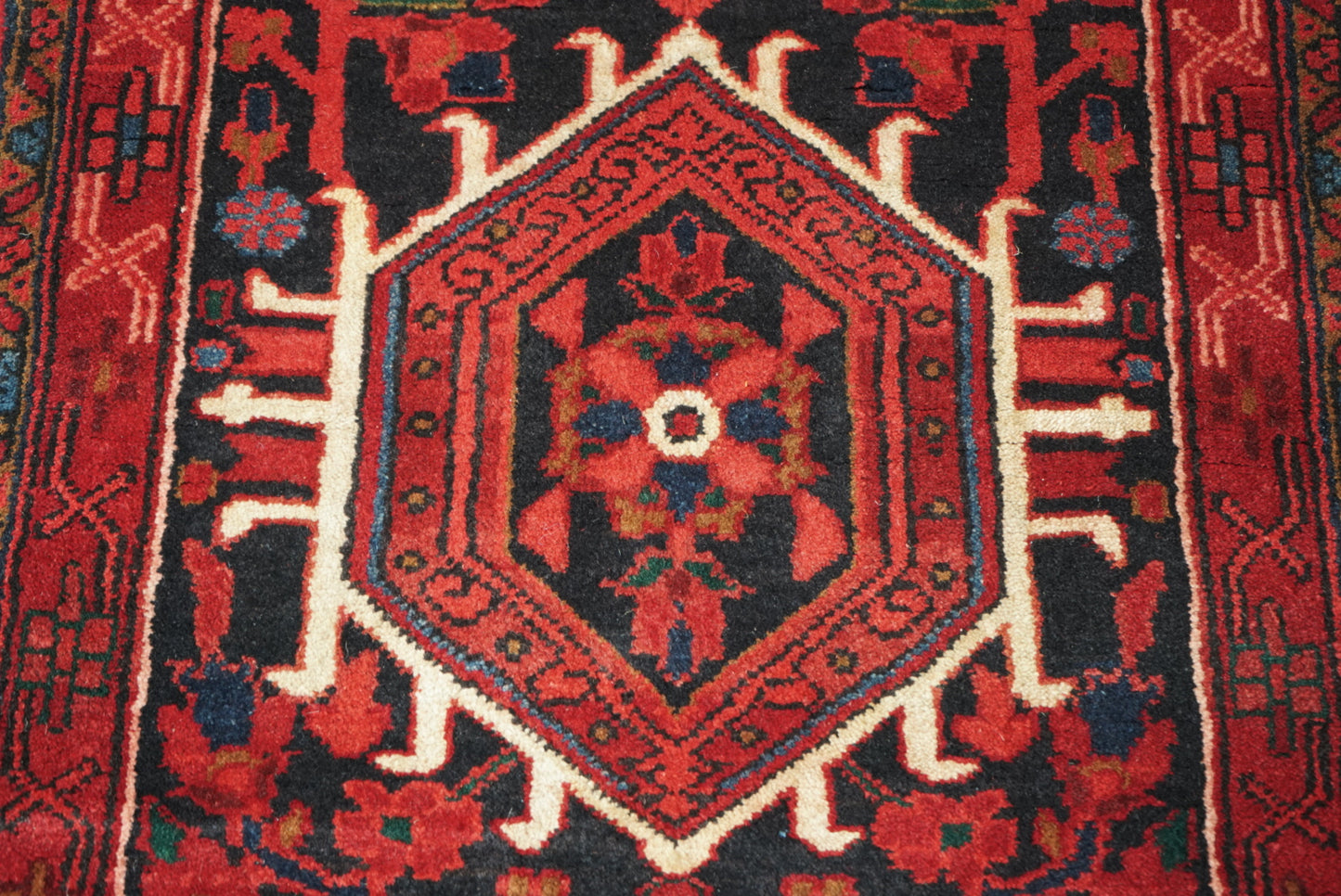 Vintage Persian Karaja Navy & Red Wool Geometric Runner Rug | Handmade | 218 x 80 cm