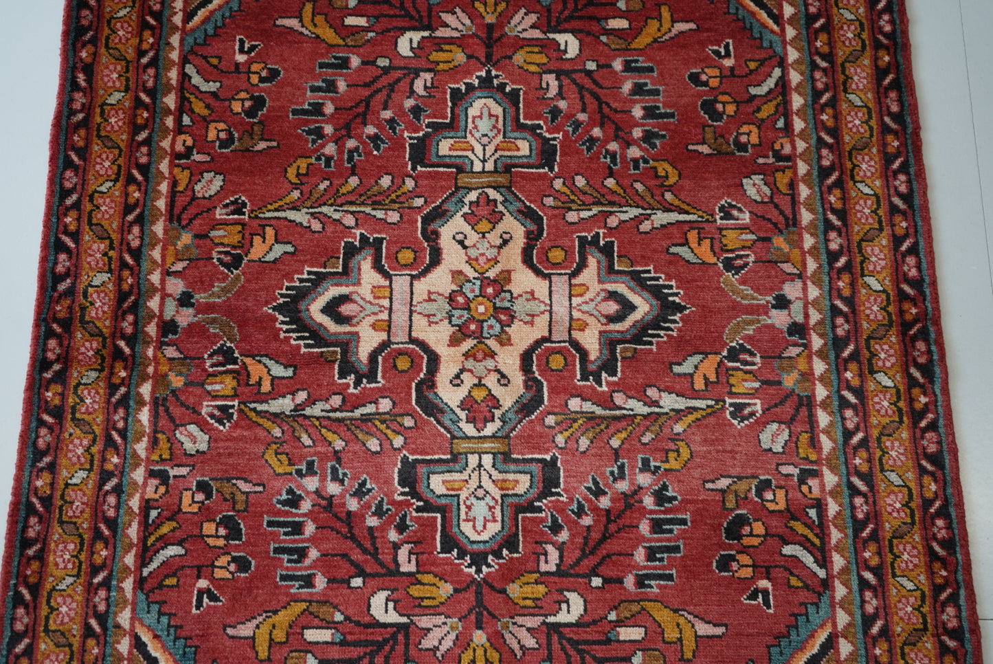 Vintage Persian Lilian Red Wool Geometric Rug | Handmade | 148 x 116 cm