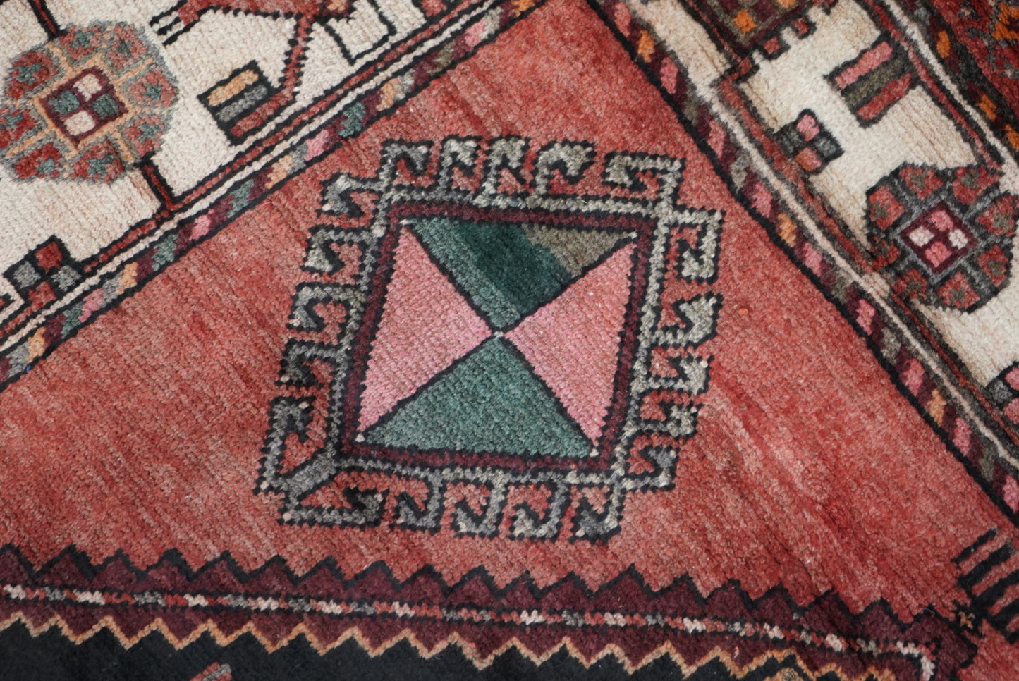 Handmade Persian Hamadan Geometric Wool Rug | 298 x 149 cm | Black & Red | Vintage
