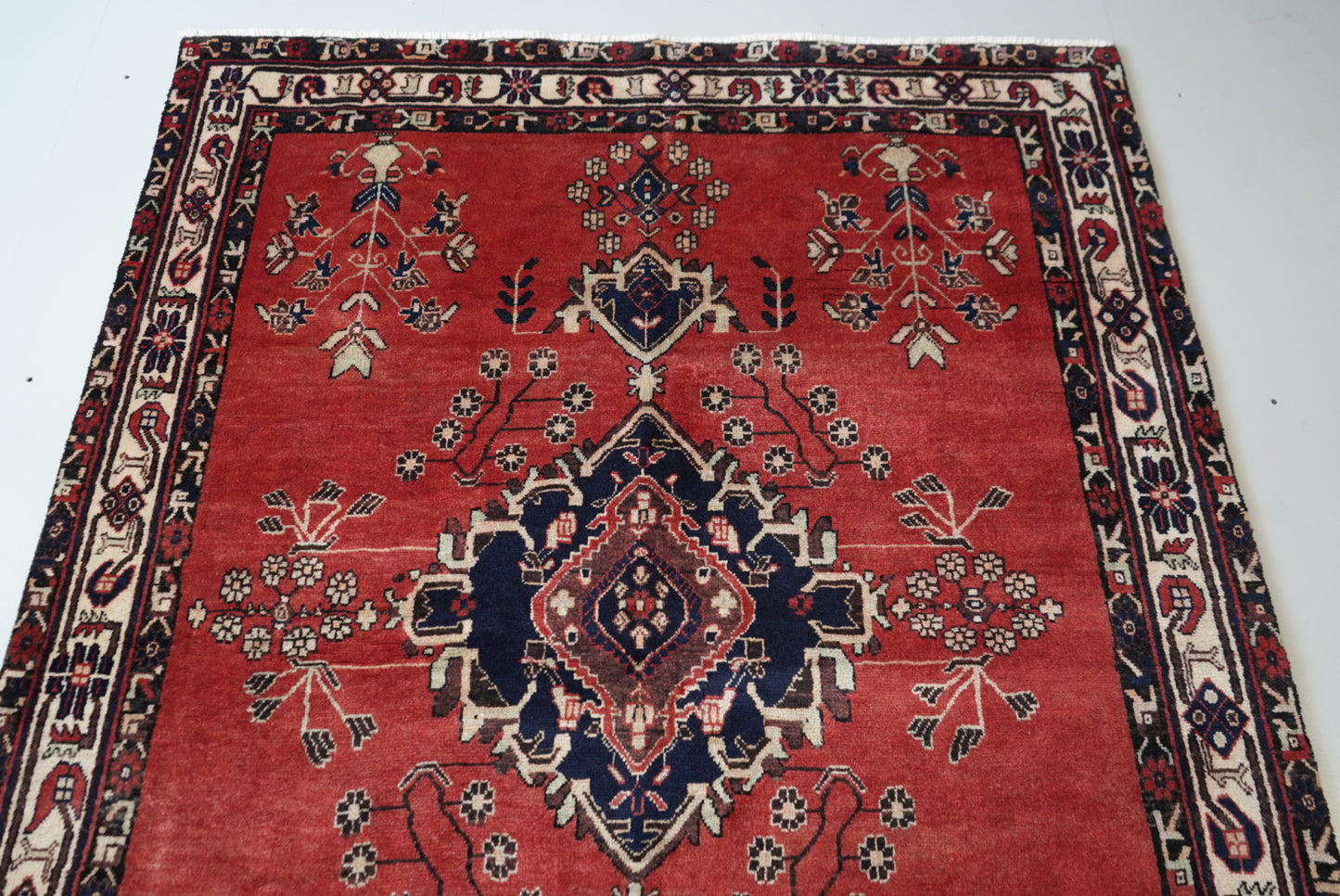 Vintage Persian Sirjan Red Wool Geometric Rug | Handmade | 222 x 162 cm