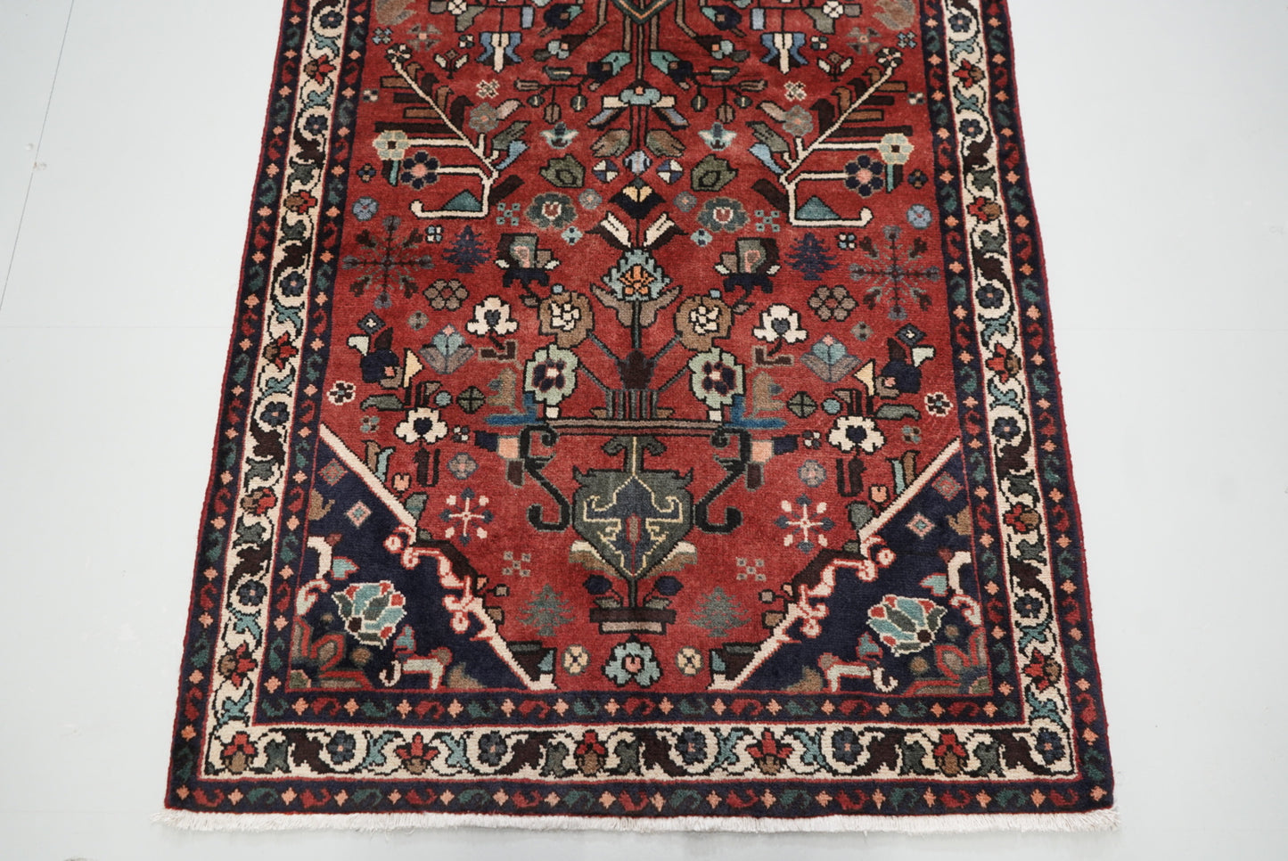 Handmade Persian Hamadan Floral Wool Runner | 290 x 107 cm | Red | Vintage