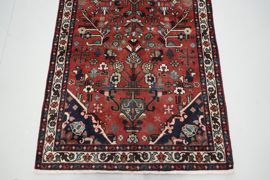 Handmade Persian Hamadan Floral Wool Runner | 290 x 107 cm | Red | Vintage