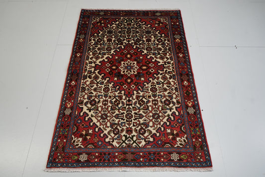 Vintage Persian Hamadan Cream & Red Wool Geometric Rug | Handmade | 142 x 100 cm