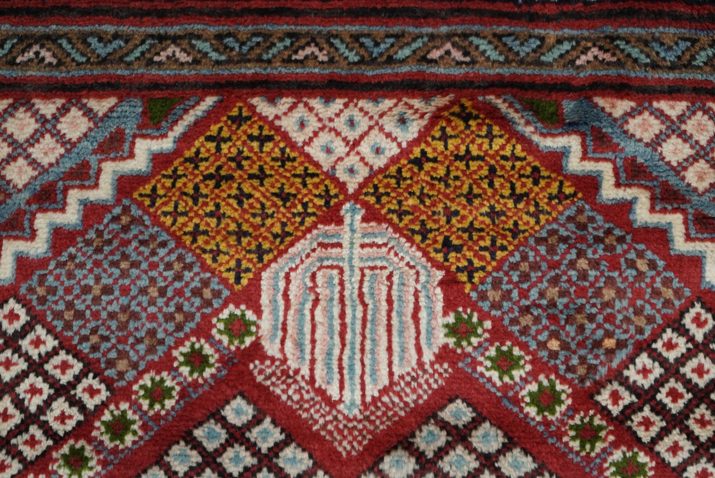 Handmade Persian Mahabad Geometric Wool Rug | 291 x 202 cm | Red & Multi | Vintage