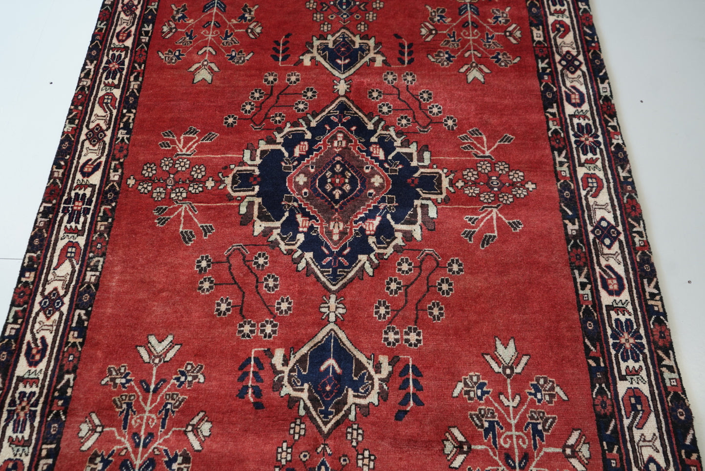 Vintage Persian Sirjan Red Wool Geometric Rug | Handmade | 222 x 162 cm