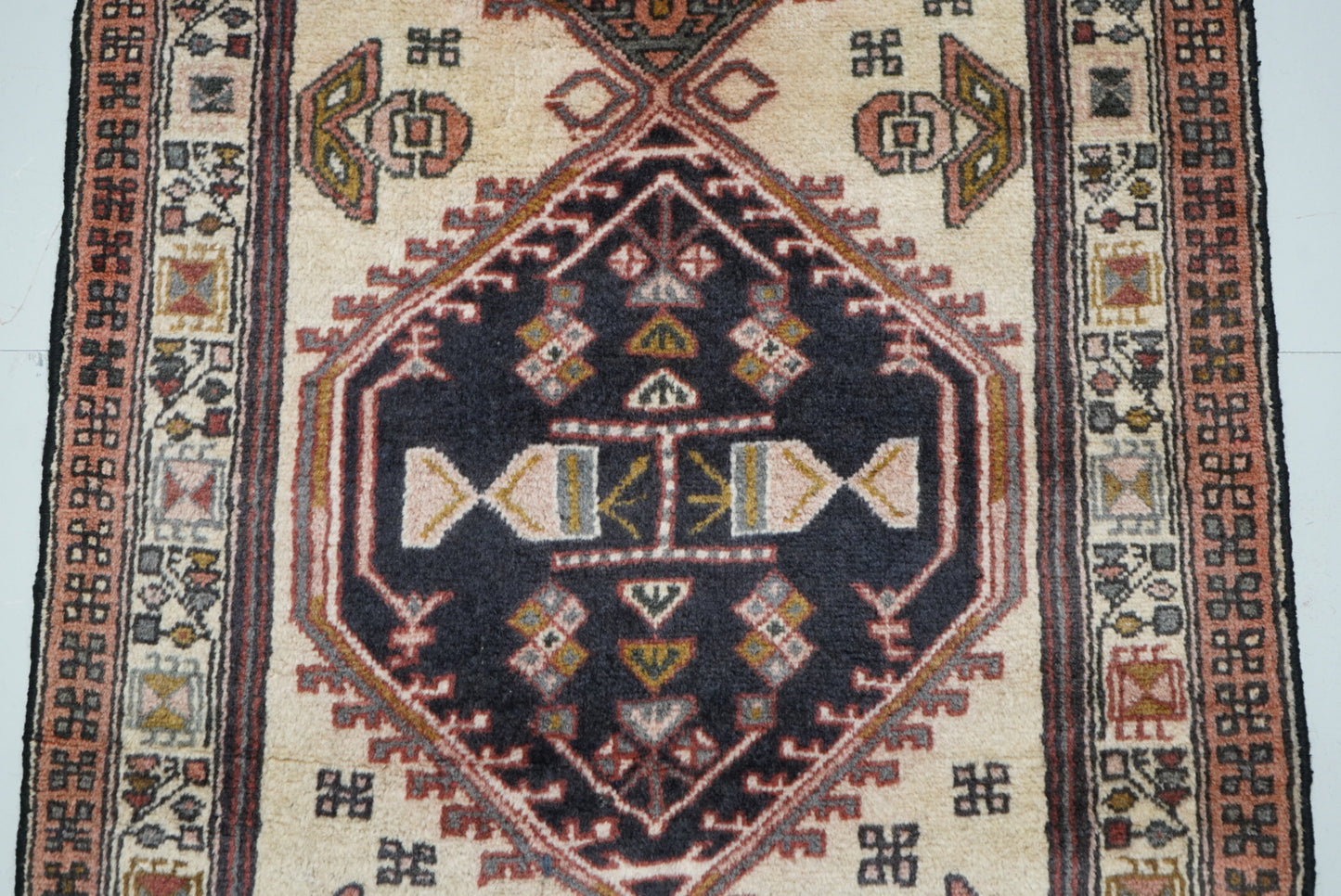 Vintage Persian Ardabil Cream & Multi Wool Geometric Runner Rug | Handmade | 296 x 71 cm