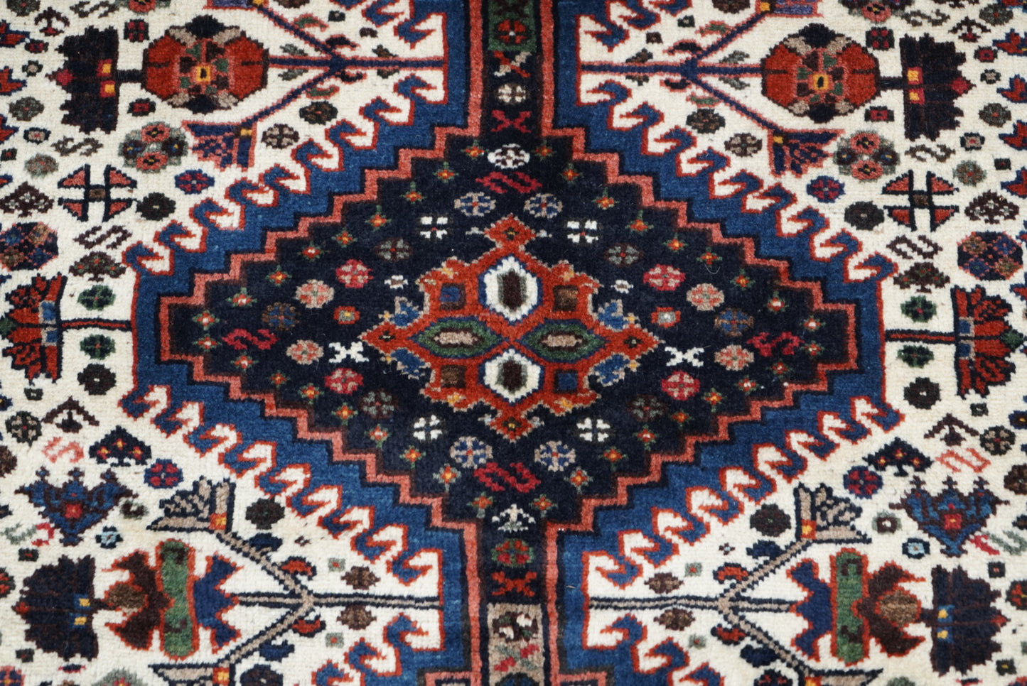 Handmade Persian Yalameh Geometric Wool Runner | 380 x 110 cm | Cream, Navy & Red | Vintage
