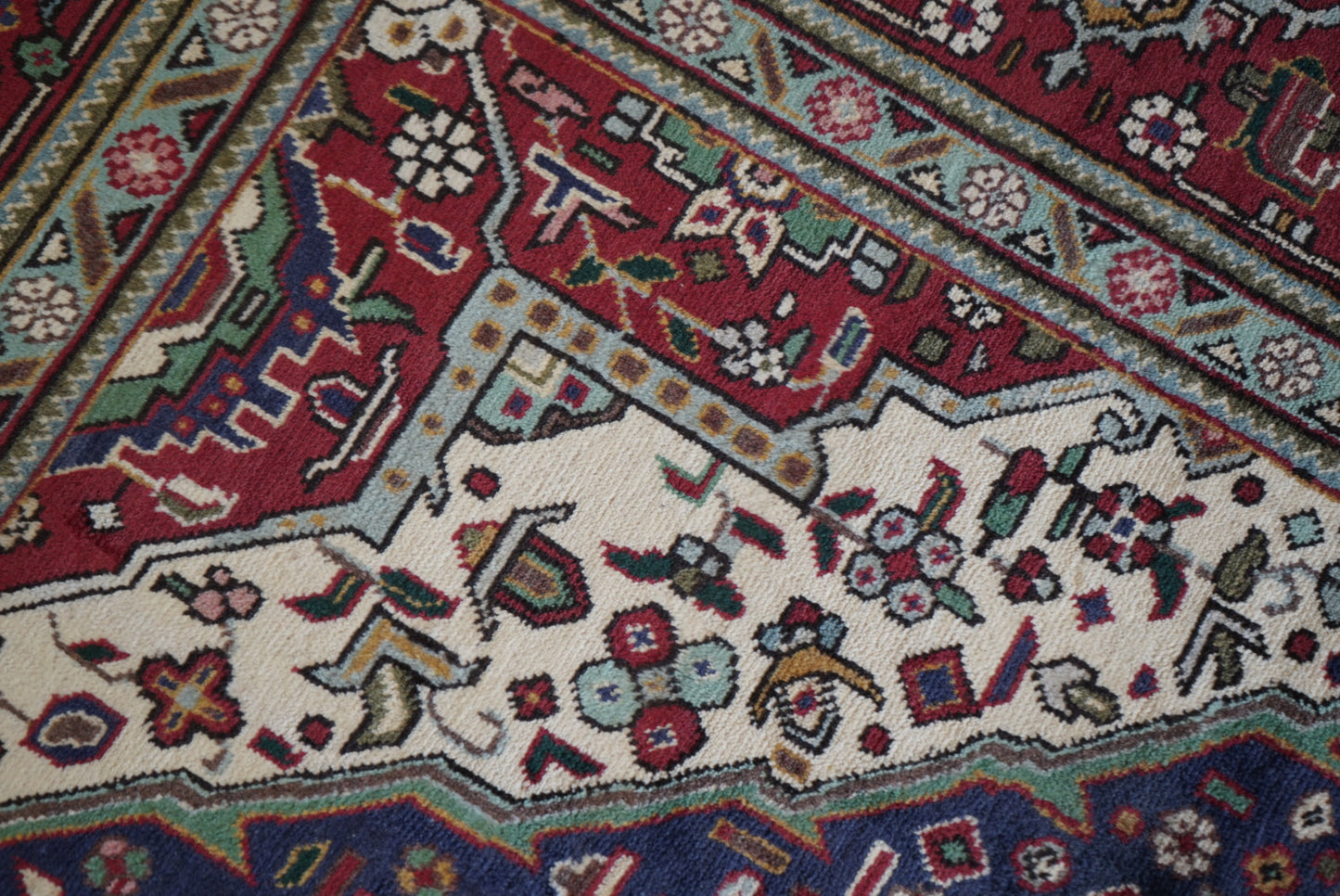 Vintage Persian Tabriz Navy Wool Floral Medallion Rug | Handmade | 296 x 209 cm