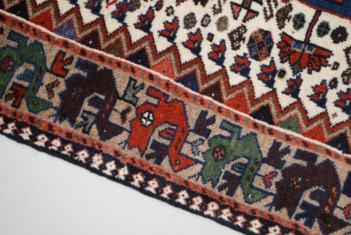 Handmade Persian Yalameh Geometric Wool Runner | 380 x 110 cm | Cream, Navy & Red | Vintage