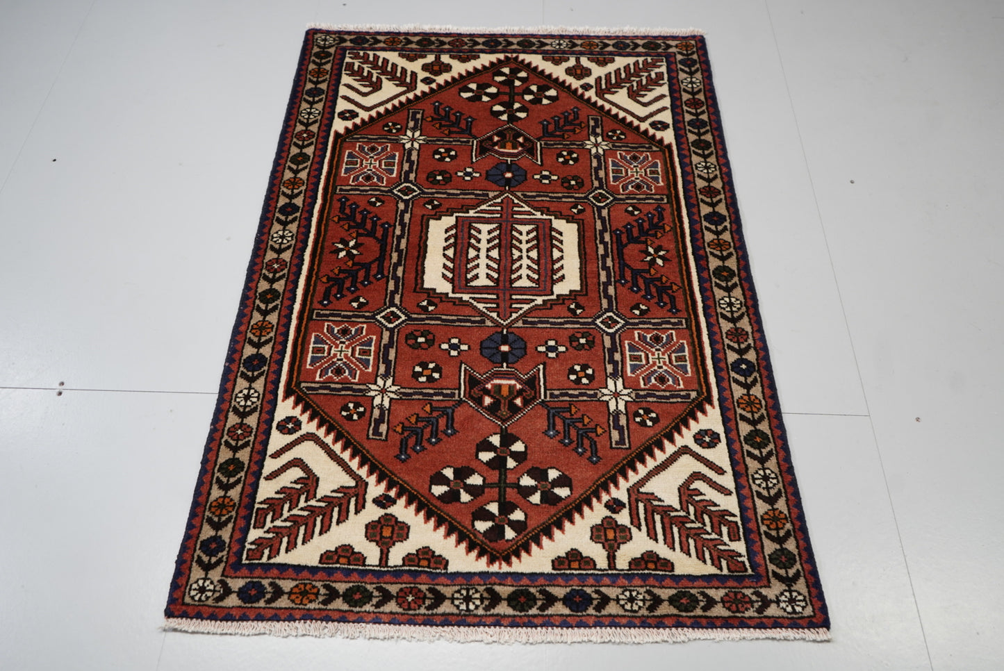 Persian Hamadan Red Wool Geometric Rug | Handmade | 147 x 106 cm