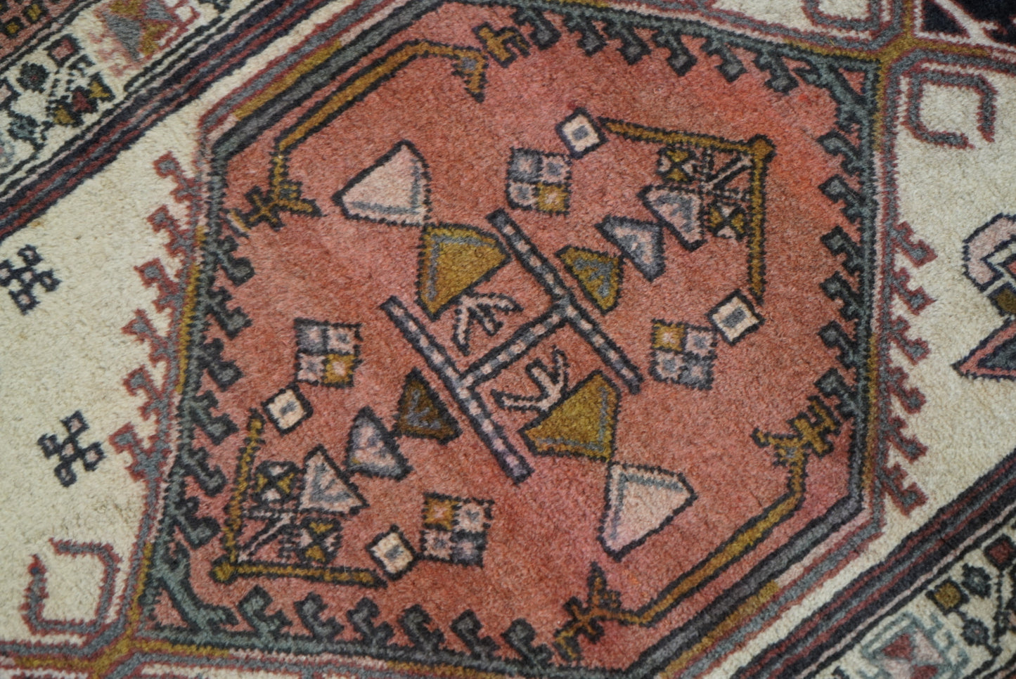Vintage Persian Ardabil Cream & Multi Wool Geometric Runner Rug | Handmade | 296 x 71 cm