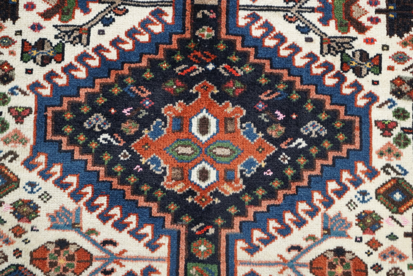 Handmade Persian Yalameh Geometric Wool Runner | 380 x 110 cm | Cream, Navy & Red | Vintage