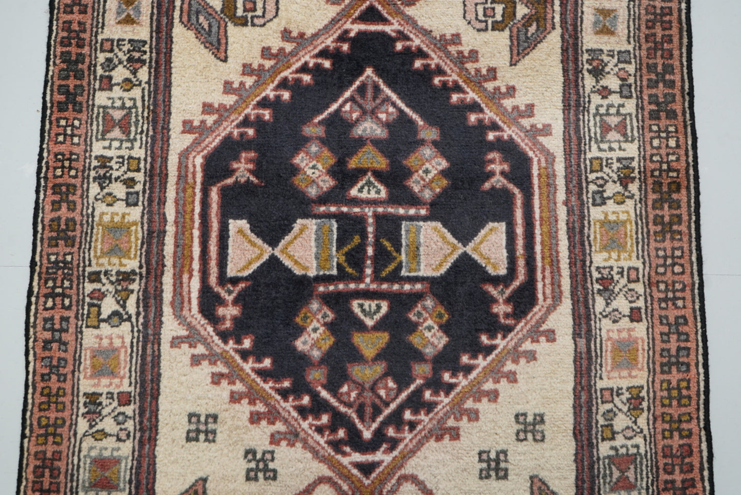 Vintage Persian Ardabil Cream & Multi Wool Geometric Runner Rug | Handmade | 296 x 71 cm